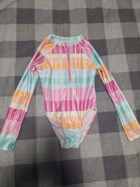 George Girls Pastel Plaid Long Sleeve Rash Guard One Piece Swimsuit NEW No Tag